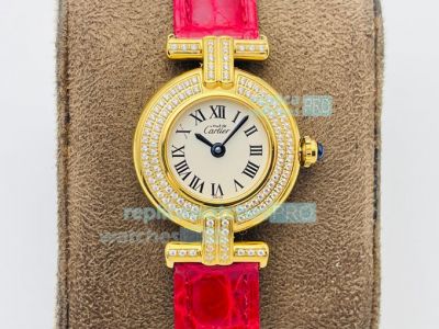 Swiss Must De Cartier Quartz Vintage Watch Gold Diamond White Dial Plum Red Leather